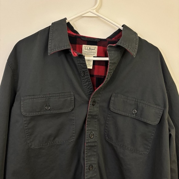 LL Bean Mens L Canvas Shacket Shirt Red Plaid Interior Button Down Chore Utility - Picture 6 of 8